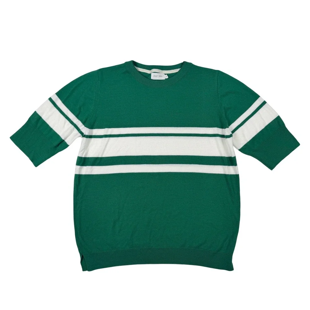 Mer Sea Striped Sweater Womens XL Green White Short Sleeve Excellent Ribbed Knit - Picture 1 of 6